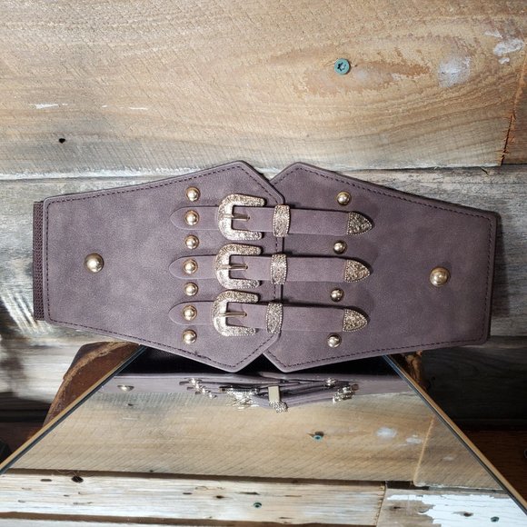 Coffee & Gold Vintage Style 3-Buckle Cumberbund Belt-Elastic Back-Snap Closure. - Picture 8 of 8